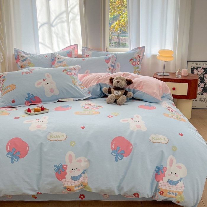 91家纺网 家纺一手货源 找家纺 菲梵家纺 2025新款小清新喷气印花全棉单品被套 萌兔日记