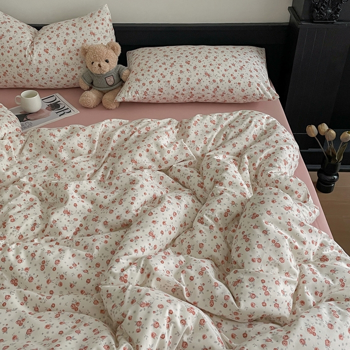 91家纺网 家纺一手货源 找家纺 仟网汇 2025新款小清新有氧针织棉双层纱系列四件套 勿忘我