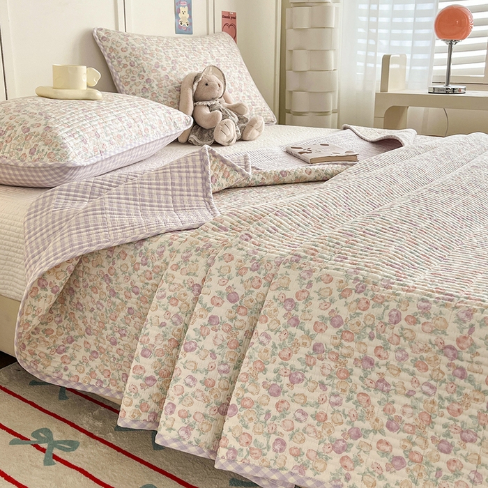 91家纺网 家纺一手货源 找家纺 沐纯家居  2025新款40支双面纯棉印花床盖三件套 紫韵