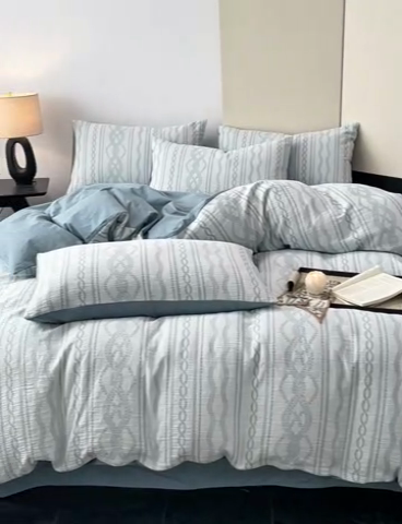 91家纺网 家纺一手货源 找家纺 ab家纺 2025新款全棉三层纱小提花四件套 暖阳-兰