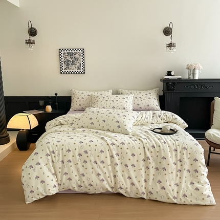 91家纺网 家纺一手货源 找家纺 仟网汇 2025新款小清新有氧针织棉双层纱系列四件套 鲜花小兔