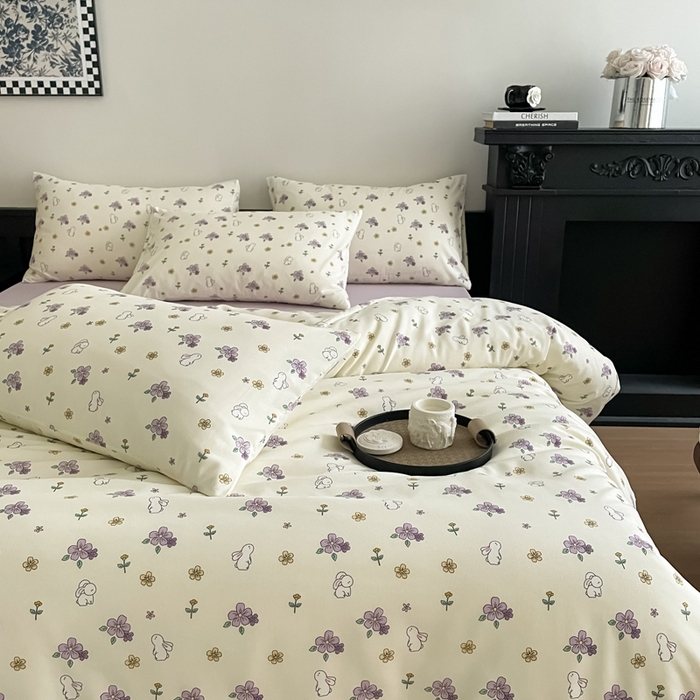 91家纺网 家纺一手货源 找家纺 仟网汇 2025新款小清新有氧针织棉双层纱系列四件套 鲜花小兔