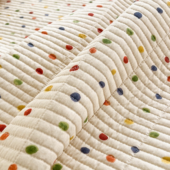 91家纺网 家纺一手货源 找家纺 沐纯家居  2025新款40支双面纯棉印花床盖三件套 波点多多