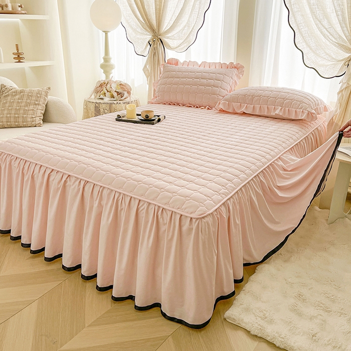 91家纺网 家纺一手货源 找家纺 笠裙家纺 2025新款防水款A类原棉水洗棉夹大豆棉加厚床裙-爱格系列 爱格-玫瑰粉