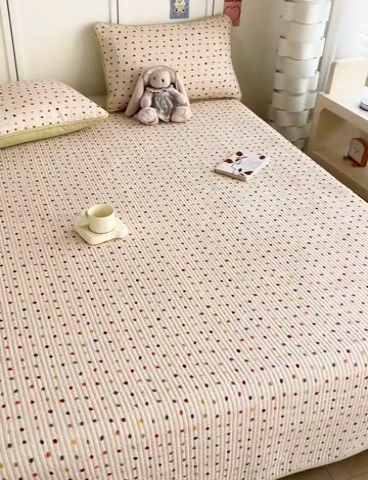 91家纺网 家纺一手货源 找家纺 沐纯家居  2025新款40支双面纯棉印花床盖三件套 波点多多