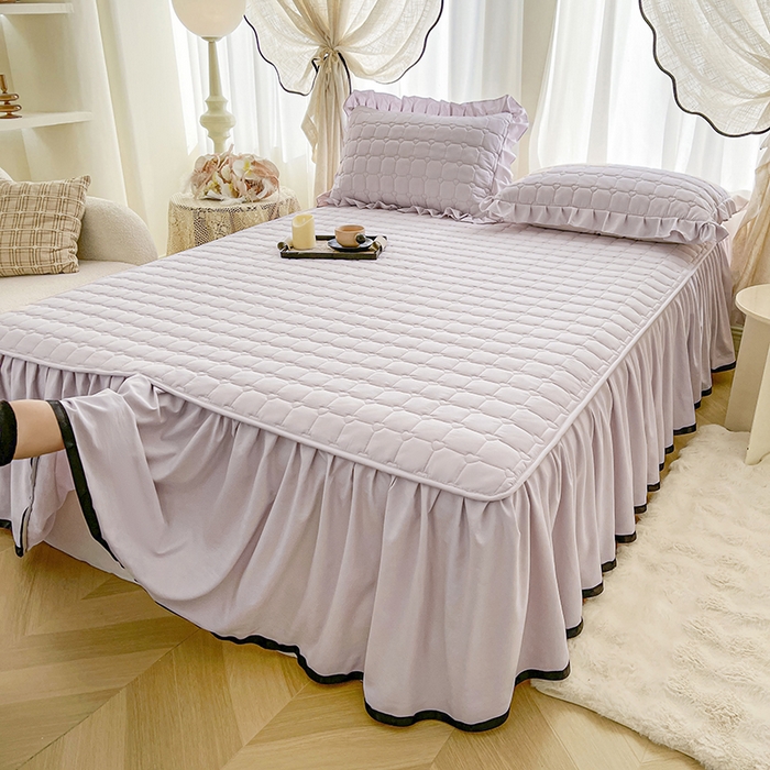 91家纺网 家纺一手货源 找家纺 笠裙家纺 2025新款防水款A类原棉水洗棉夹大豆棉加厚床裙-爱格系列 爱格-玫瑰紫