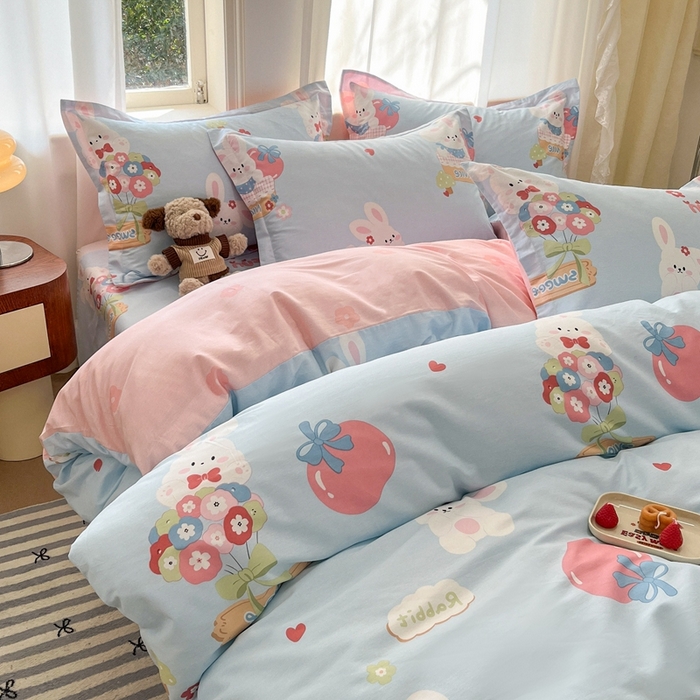 91家纺网 家纺一手货源 找家纺 菲梵家纺 2025新款小清新喷气印花全棉单品被套 萌兔日记