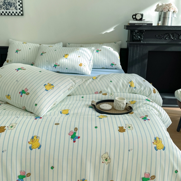 91家纺网 家纺一手货源 找家纺 仟网汇 2025新款小清新有氧针织棉双层纱系列四件套 小旺仔