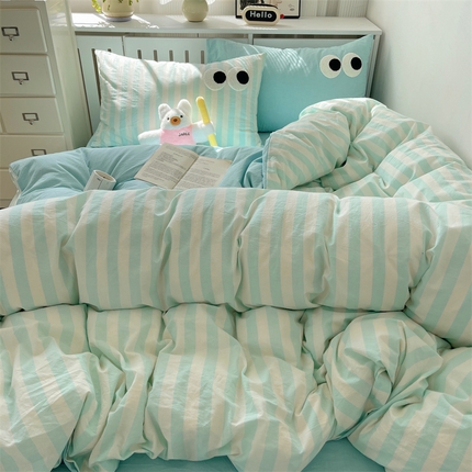 丽涵家纺 2025新品全棉多巴胺混搭水洗棉毛巾绣四件套 ins混搭3-宽条绿