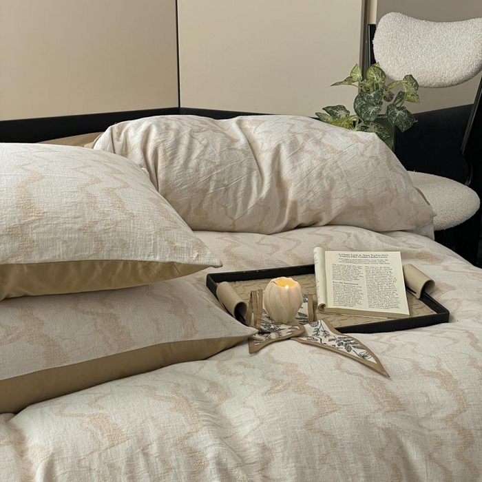 91家纺网 家纺一手货源 找家纺 ab家纺 2025新款全棉三层纱小提花四件套 素影-咖