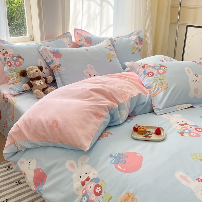 91家纺网 家纺一手货源 找家纺 菲梵家纺 2025新款小清新喷气印花全棉单品被套 萌兔日记