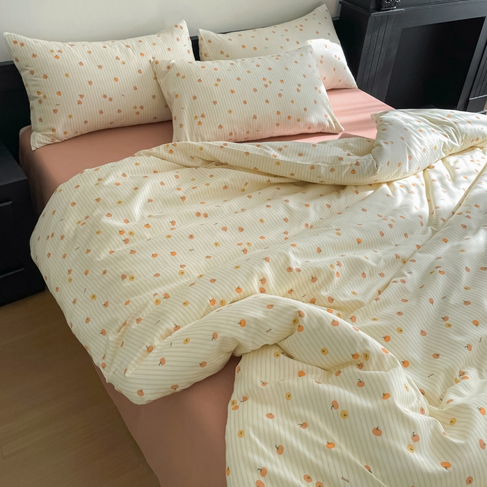 91家纺网 家纺一手货源 找家纺 仟网汇 2025新款小清新有氧针织棉双层纱系列四件套 小南瓜