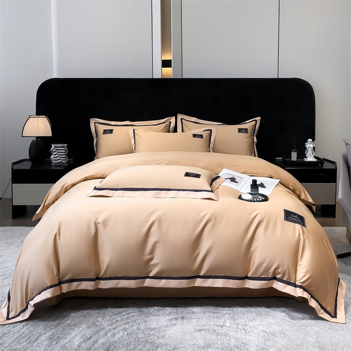 91家纺网 家纺一手货源 找家纺 金喜 2025新款40S纯棉四件套全棉宽边拼角贴布绣四件套 香槟棕