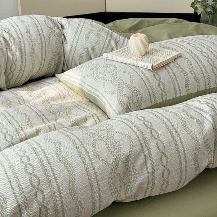 91家纺网 家纺一手货源 找家纺 ab家纺 2025新款全棉三层纱小提花四件套 暖阳-浅绿