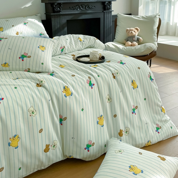 91家纺网 家纺一手货源 找家纺 仟网汇 2025新款小清新有氧针织棉双层纱系列四件套 小旺仔