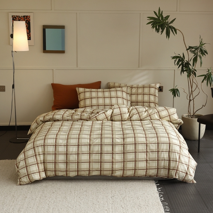 91家纺网 家纺一手货源 找家纺 梦可莱家居 2025新款全棉针织四件套【加大系列】 格纹