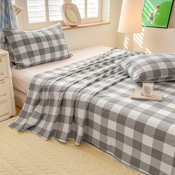 91家纺网 家纺一手货源 找家纺 温眠 2025新款A类全棉色织水洗棉床单 灰中格