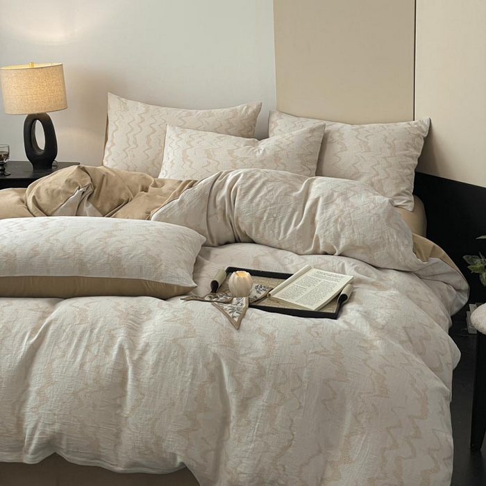 91家纺网 家纺一手货源 找家纺 ab家纺 2025新款全棉三层纱小提花四件套 素影-咖