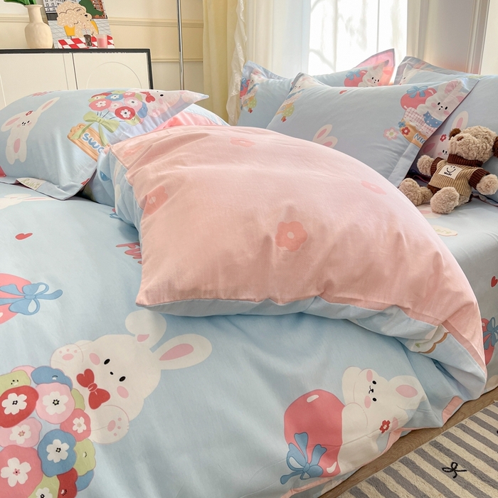 91家纺网 家纺一手货源 找家纺 菲梵家纺 2025新款小清新喷气印花全棉单品被套 萌兔日记