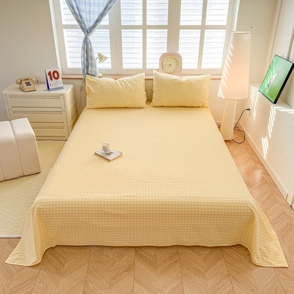 温眠 2025新款A类全棉色织水洗棉床单 浅黄格