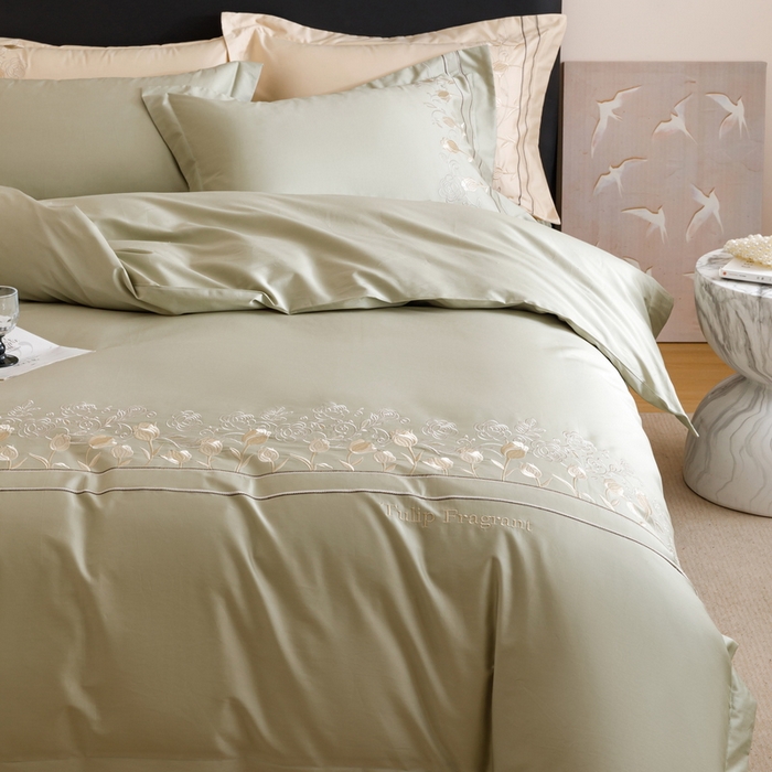 91家纺网 家纺一手货源 找家纺 艾莱家纺 2025新款A类100支长绒棉纯棉四件套-郁金香 郁金香-薄荷绿