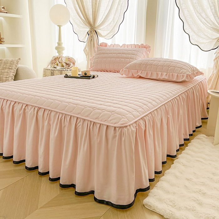 91家纺网 家纺一手货源 找家纺 笠裙家纺 2025新款防水款A类原棉水洗棉夹大豆棉加厚床裙-爱格系列 爱格-玫瑰粉