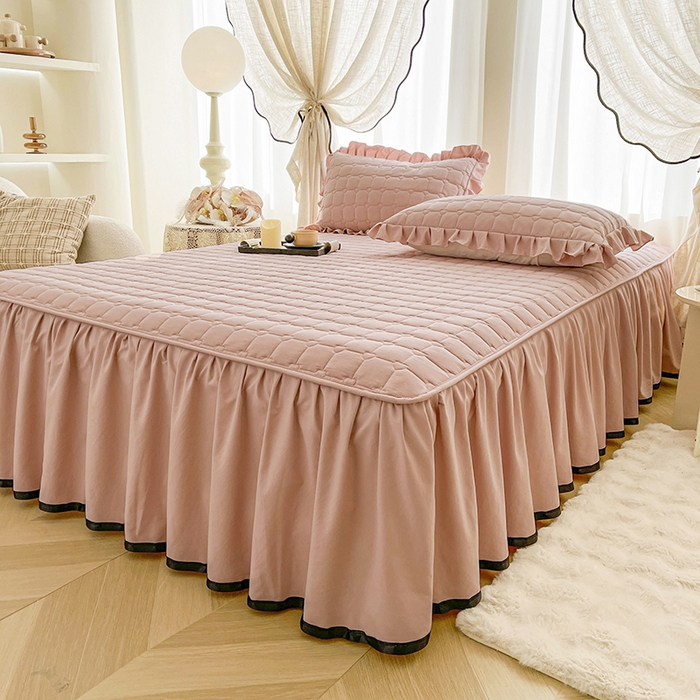 91家纺网 家纺一手货源 找家纺 笠裙家纺 2025新款防水款A类原棉水洗棉夹大豆棉加厚床裙-爱格系列 爱格-豆沙