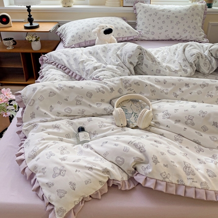 91家纺网 家纺一手货源 找家纺 尤米 2025新款高克重针织双层纱花边款四件套 花边款-蜜芽熊