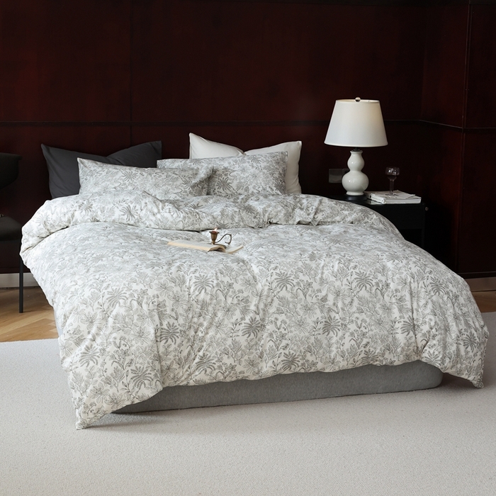 91家纺网 家纺一手货源 找家纺 梦可莱家居 2025新款全棉针织四件套【加大系列】 枝秋灰