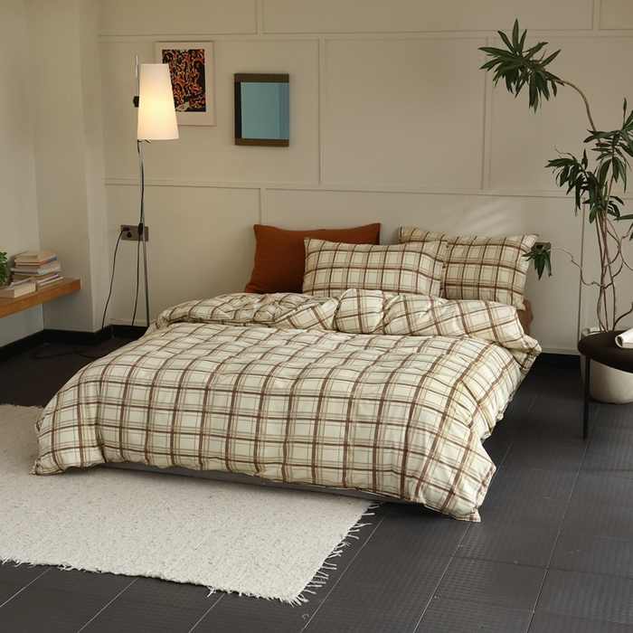 91家纺网 家纺一手货源 找家纺 梦可莱家居 2025新款全棉针织四件套【加大系列】 格纹