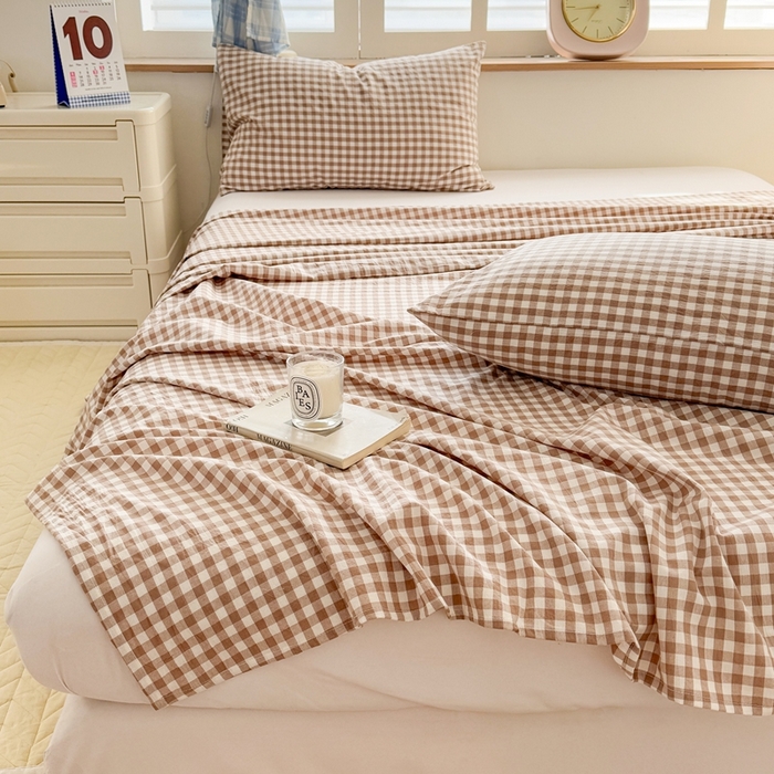 91家纺网 家纺一手货源 找家纺 温眠 2025新款A类全棉色织水洗棉床单 咖小格