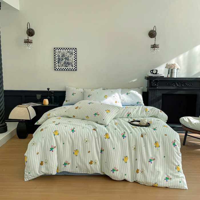 91家纺网 家纺一手货源 找家纺 仟网汇 2025新款小清新有氧针织棉双层纱系列四件套 小旺仔