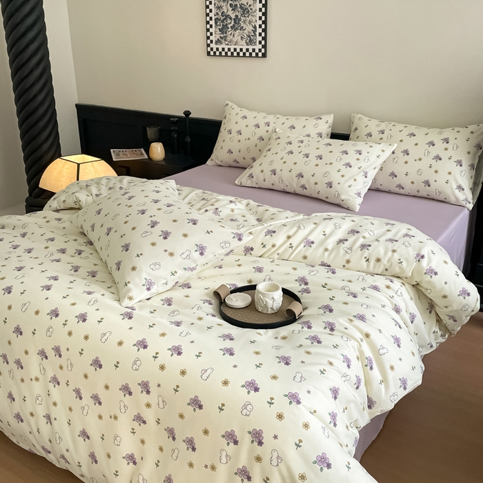 91家纺网 家纺一手货源 找家纺 仟网汇 2025新款小清新有氧针织棉双层纱系列四件套 鲜花小兔