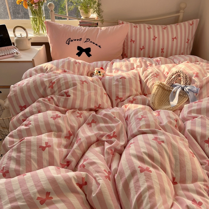 91家纺网 家纺一手货源 找家纺 （总）桃心家居 2025新款A类亲肤舒适软糯云柔水洗棉毛巾绣奶油可爱蝴蝶结水洗棉系列四件套