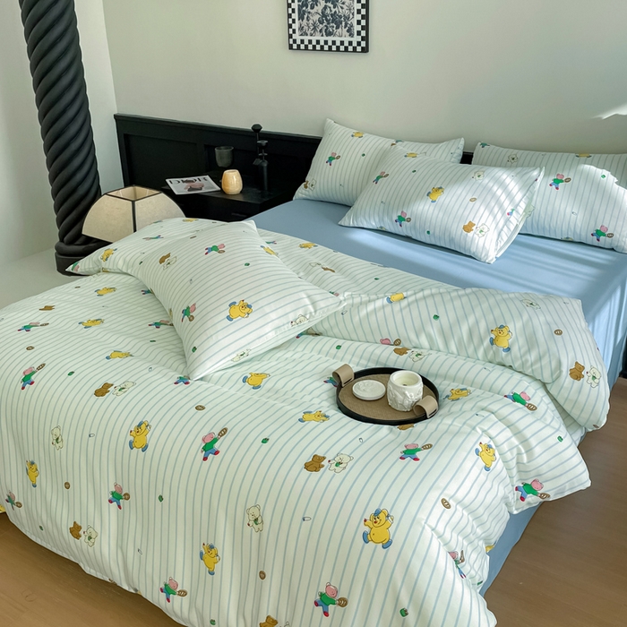 91家纺网 家纺一手货源 找家纺 仟网汇 2025新款小清新有氧针织棉双层纱系列四件套 小旺仔