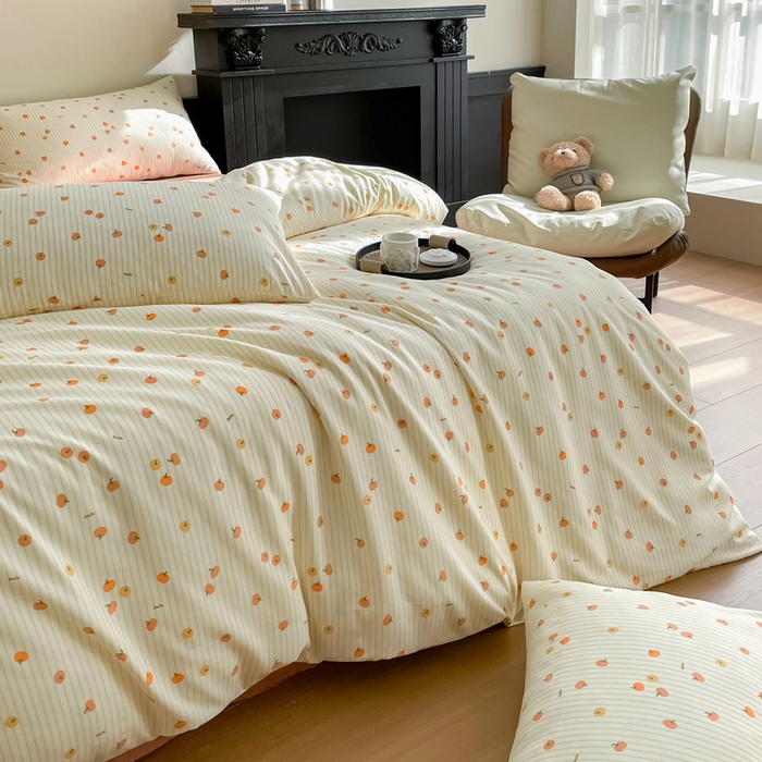 91家纺网 家纺一手货源 找家纺 仟网汇 2025新款小清新有氧针织棉双层纱系列四件套 小南瓜