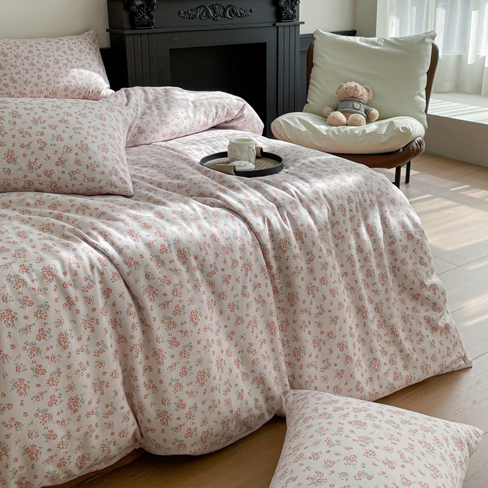 91家纺网 家纺一手货源 找家纺 仟网汇 2025新款小清新有氧针织棉双层纱系列四件套 微拉