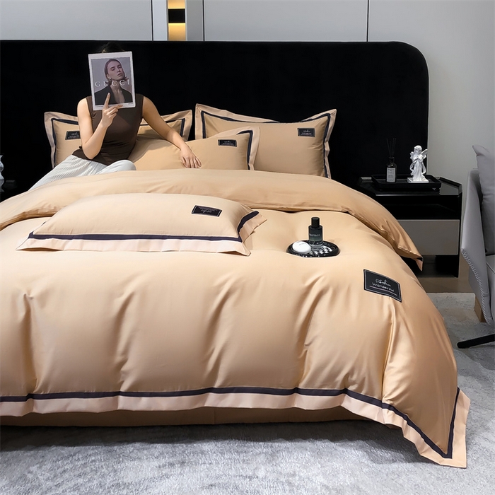 91家纺网 家纺一手货源 找家纺 金喜 2025新款40S纯棉四件套全棉宽边拼角贴布绣四件套 香槟棕