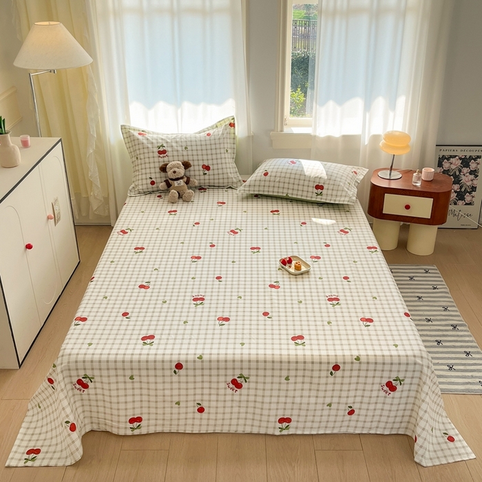 91家纺网 家纺一手货源 找家纺 菲梵家纺 2025新款小清新喷气印花全棉单品被套 爱心樱桃