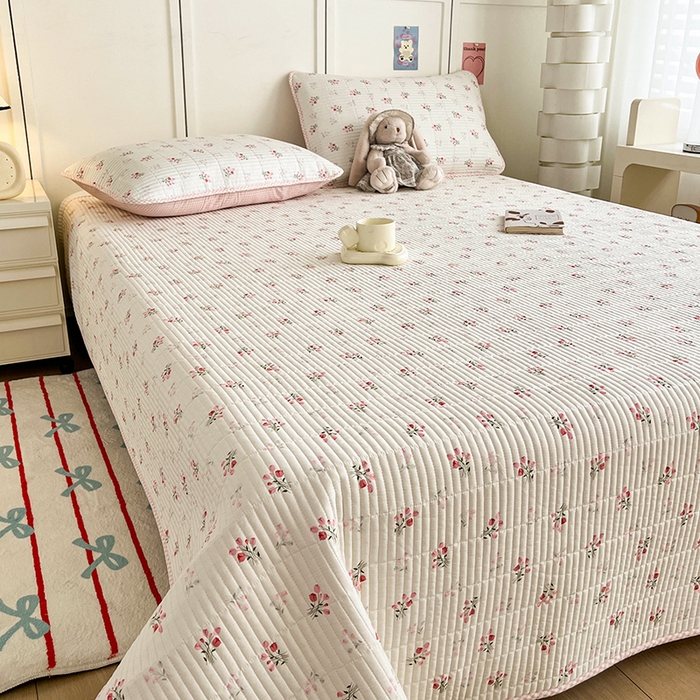 91家纺网 家纺一手货源 找家纺 沐纯家居  2025新款40支双面纯棉印花床盖三件套 粉色恋人