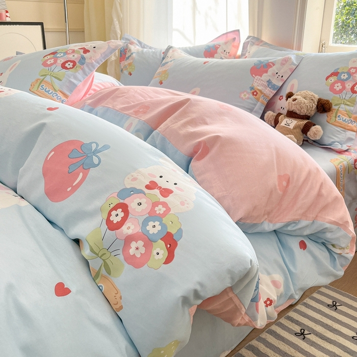 91家纺网 家纺一手货源 找家纺 菲梵家纺 2025新款小清新喷气印花全棉单品被套 萌兔日记