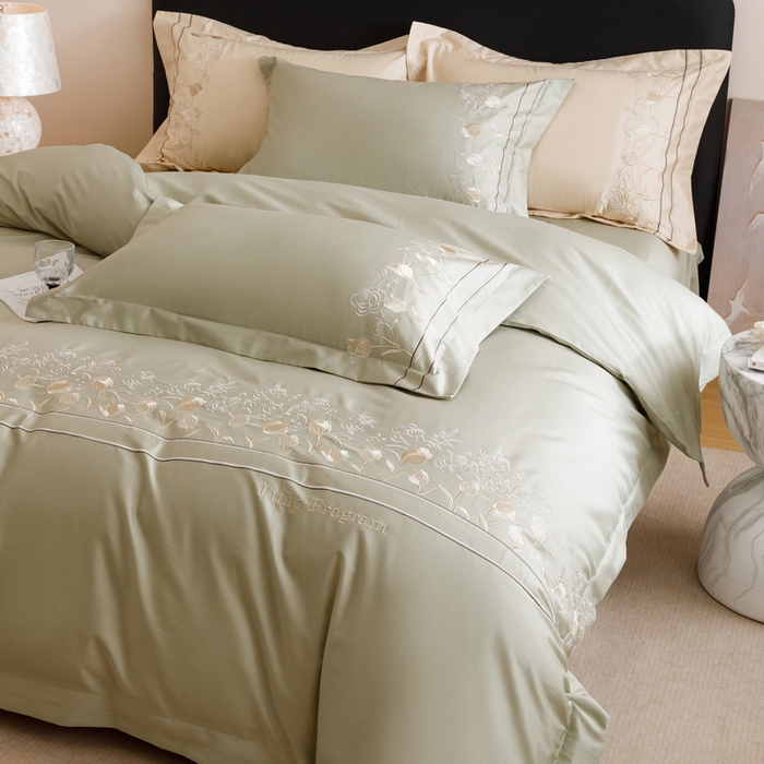 91家纺网 家纺一手货源 找家纺 艾莱家纺 2025新款A类100支长绒棉纯棉四件套-郁金香 郁金香-薄荷绿