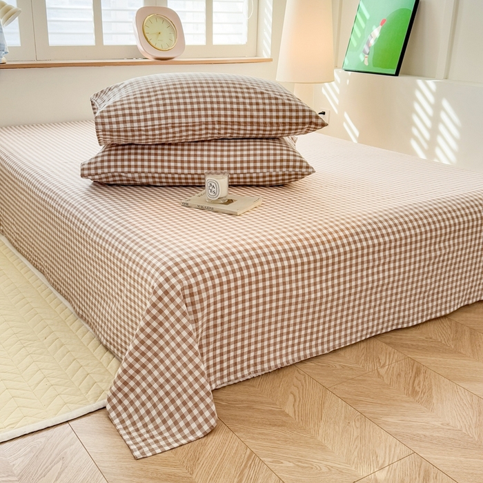 91家纺网 家纺一手货源 找家纺 温眠 2025新款A类全棉色织水洗棉床单 咖小格