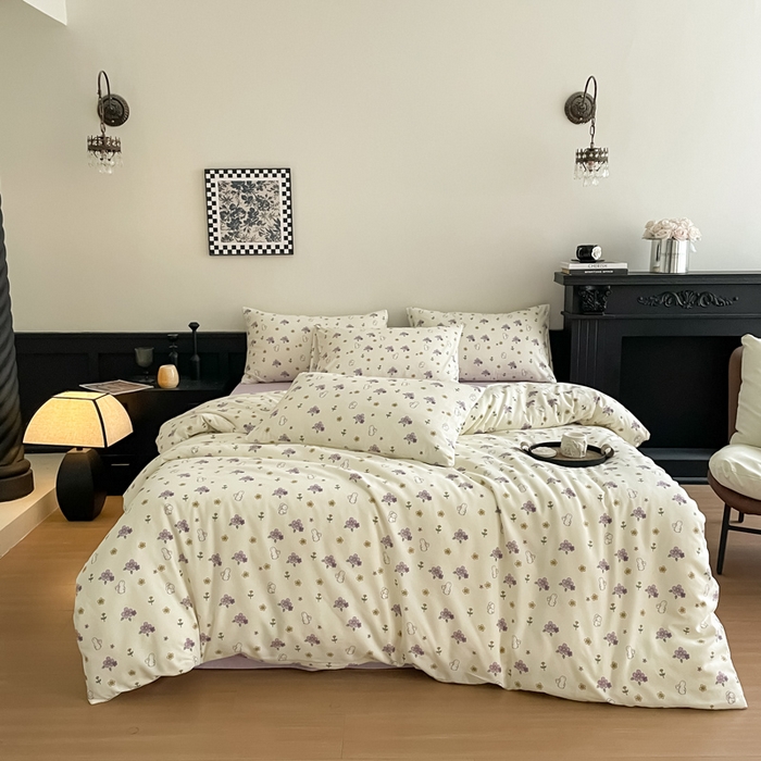 91家纺网 家纺一手货源 找家纺 仟网汇 2025新款小清新有氧针织棉双层纱系列四件套 鲜花小兔