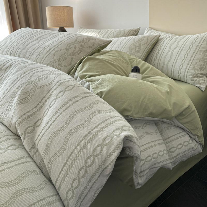 91家纺网 家纺一手货源 找家纺 ab家纺 2025新款全棉三层纱小提花四件套 暖阳-浅绿