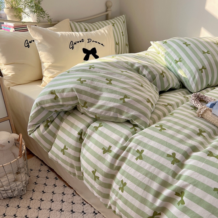 91家纺网 家纺一手货源 找家纺 桃心家居 2025新款A类亲肤舒适软糯云柔水洗棉毛巾绣奶油可爱蝴蝶结水洗棉系列四件套 云柔水洗棉-奶油蝴蝶结绿绿