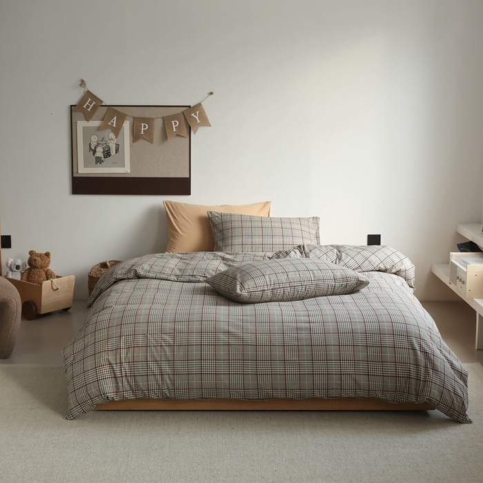 91家纺网 家纺一手货源 找家纺 梦可莱家居 2025新款全棉针织四件套【加大系列】 千鸟格