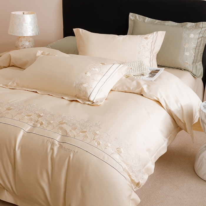 91家纺网 家纺一手货源 找家纺 艾莱家纺 2025新款A类100支长绒棉纯棉四件套-郁金香 郁金香-浅米驼