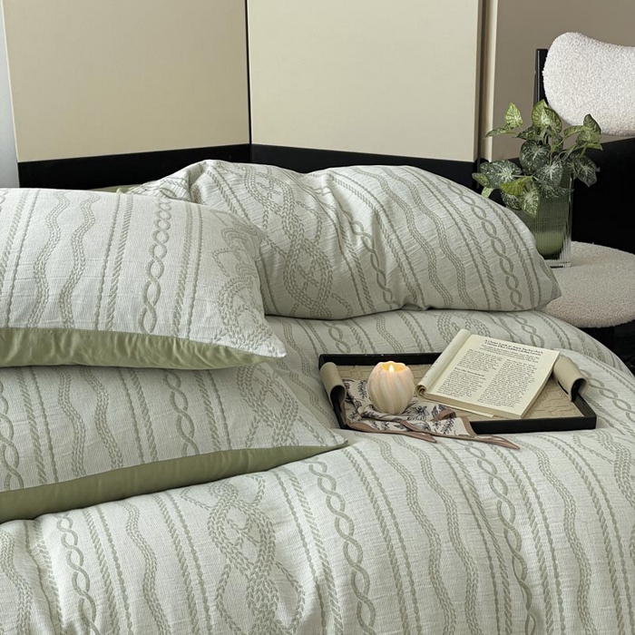 91家纺网 家纺一手货源 找家纺 ab家纺 2025新款全棉三层纱小提花四件套 暖阳-浅绿