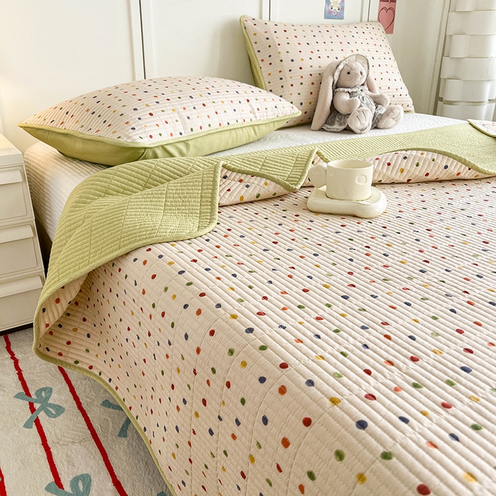 91家纺网 家纺一手货源 找家纺 沐纯家居  2025新款40支双面纯棉印花床盖三件套 波点多多